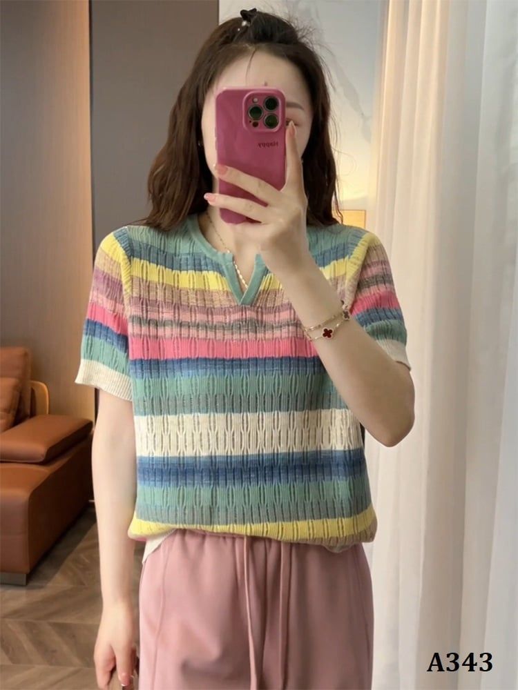  A343-Áo Len Sắc Màu Cầu Vồng Tay Ngắn 
