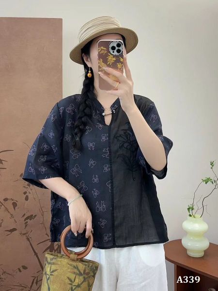  A339-Áo Ramie Thêu Nhánh Hoa Họa Tiết 