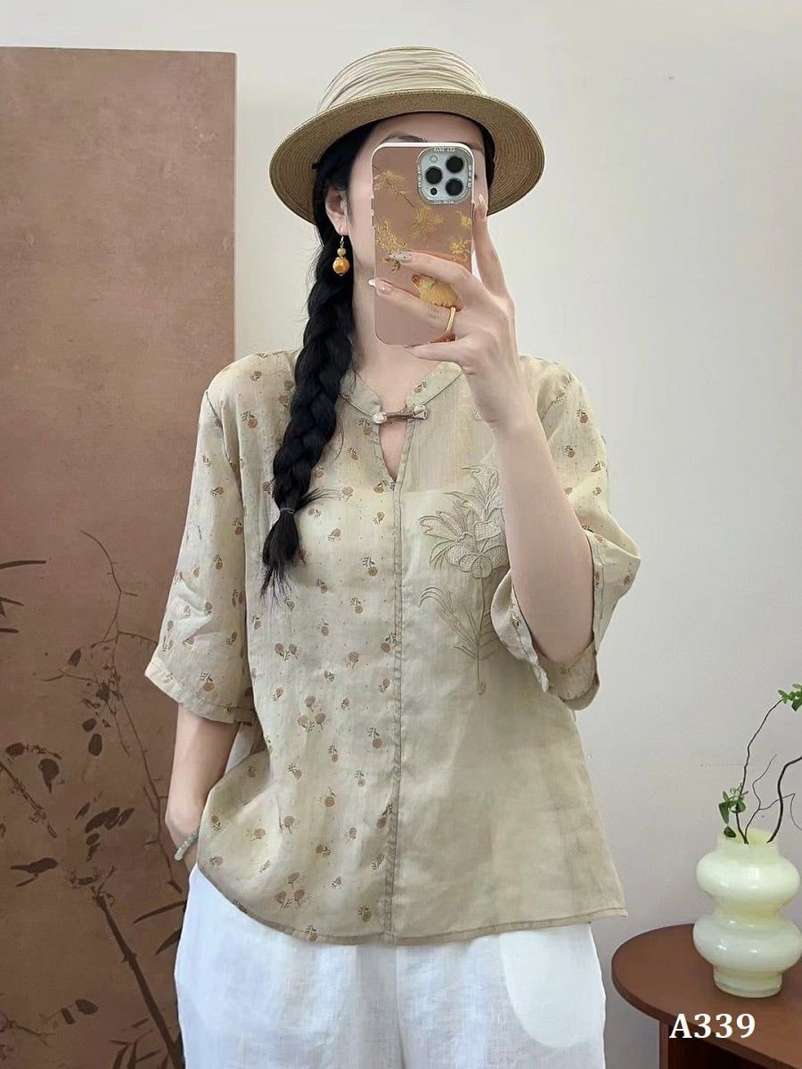  A339-Áo Ramie Thêu Nhánh Hoa Họa Tiết 