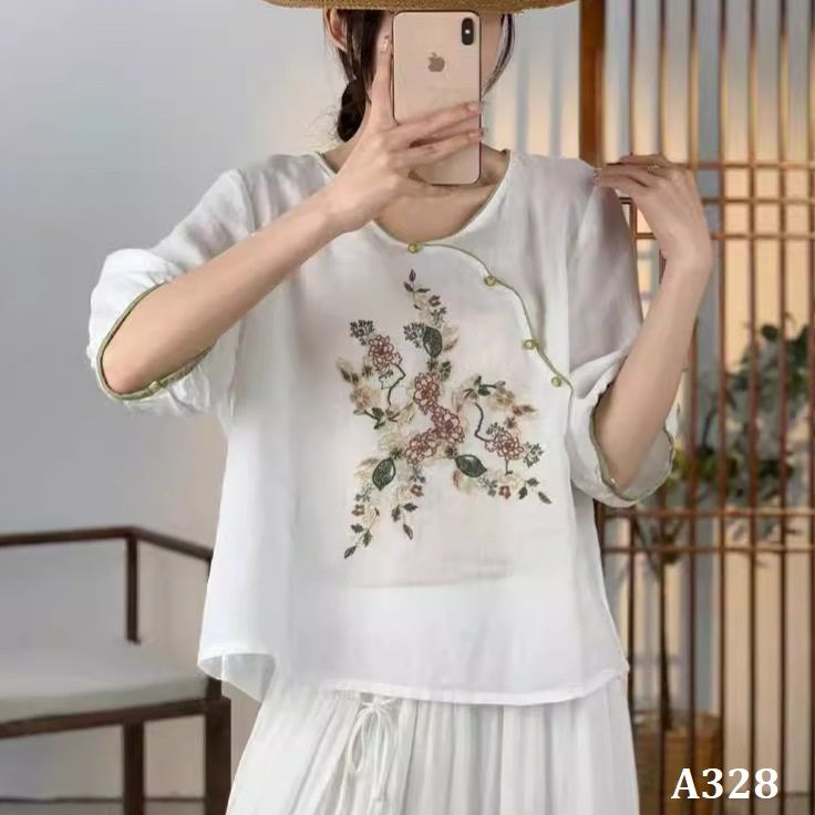  A328-Áo Ramie Thêu Nút Xéo Nghệ Thuật 