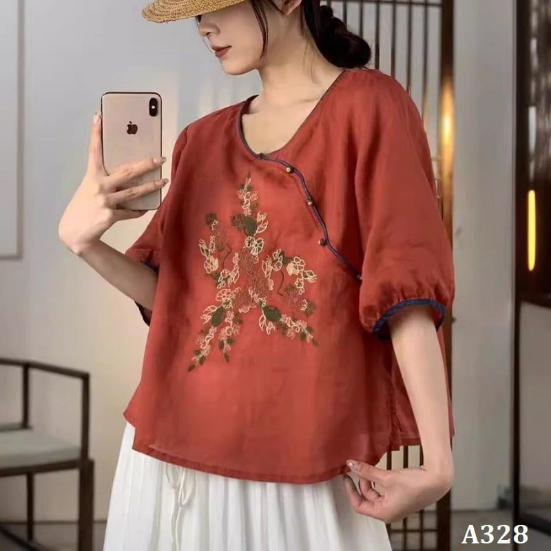  A328-Áo Ramie Thêu Nút Xéo Nghệ Thuật 