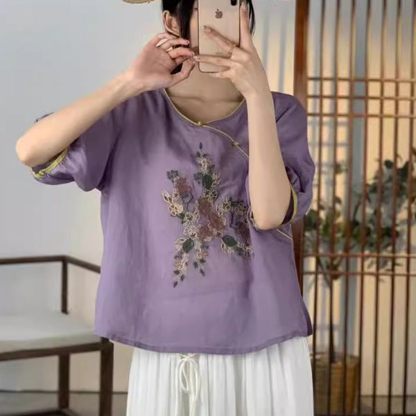  A328-Áo Ramie Thêu Nút Xéo Nghệ Thuật 