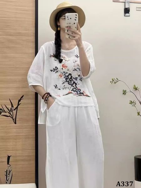  A337-Áo Ramie Thêu Phong Cảnh Chim Muôn 