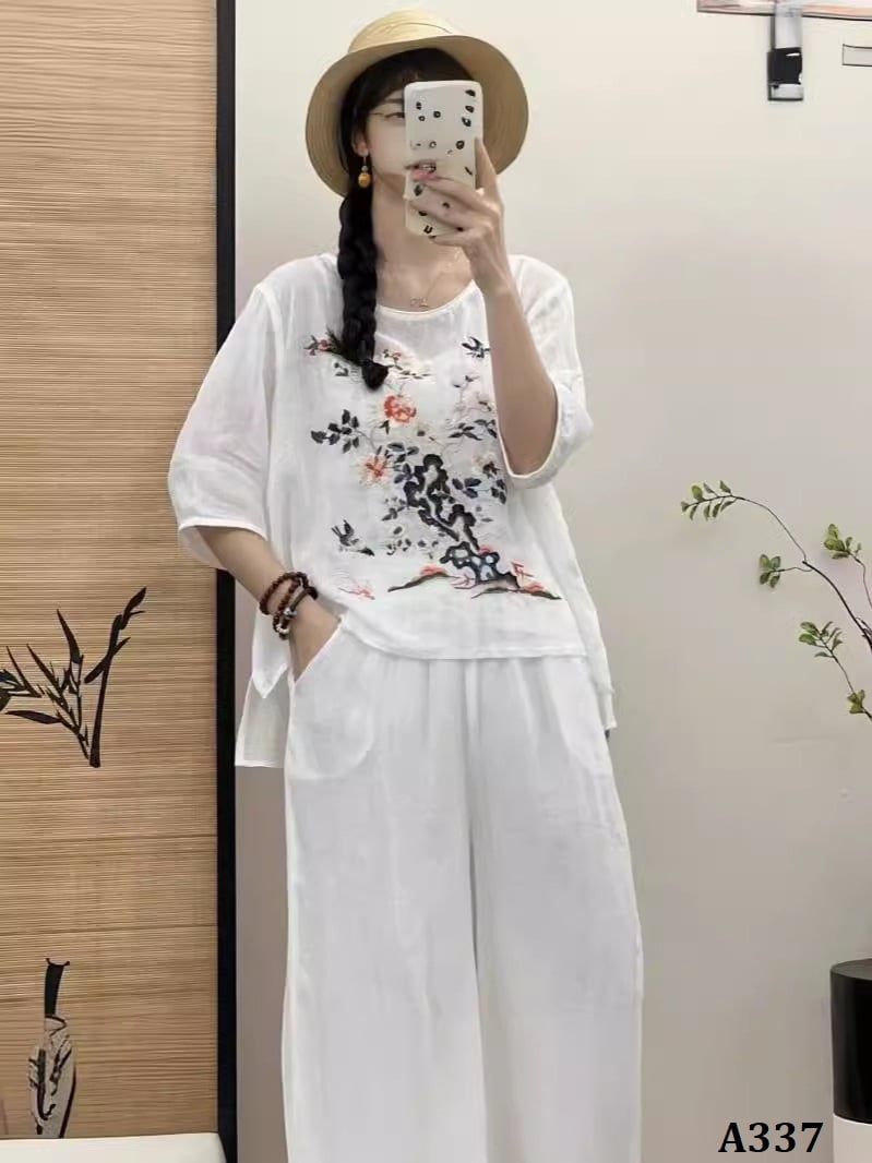  A337-Áo Ramie Thêu Phong Cảnh Chim Muôn 