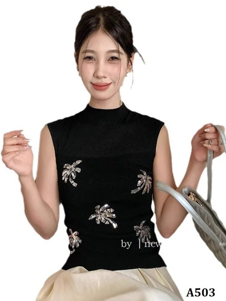  A503-Áo Len Không Tay Nữa Cổ Đính Cây 
