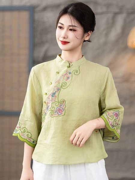  A560-Áo Ramie Cổ Đứng Thêu Nghệ Thuật 