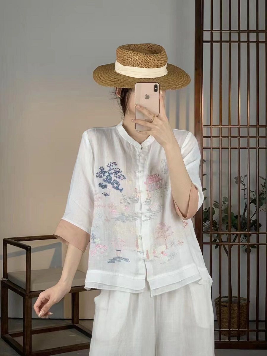  A617-Áo Ramie Phối Tơ Thêu Phong Cảnh 