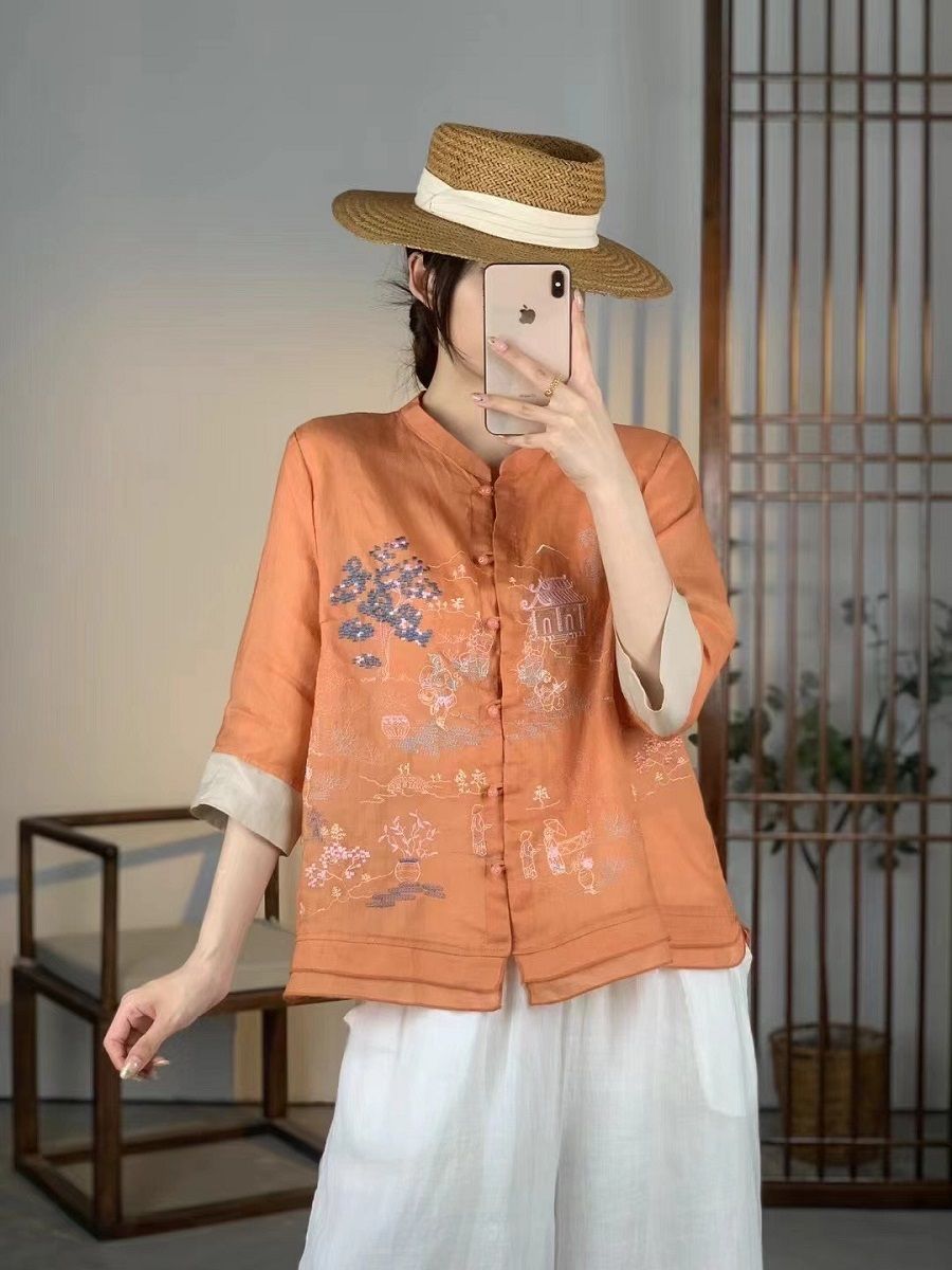  A617-Áo Ramie Phối Tơ Thêu Phong Cảnh 