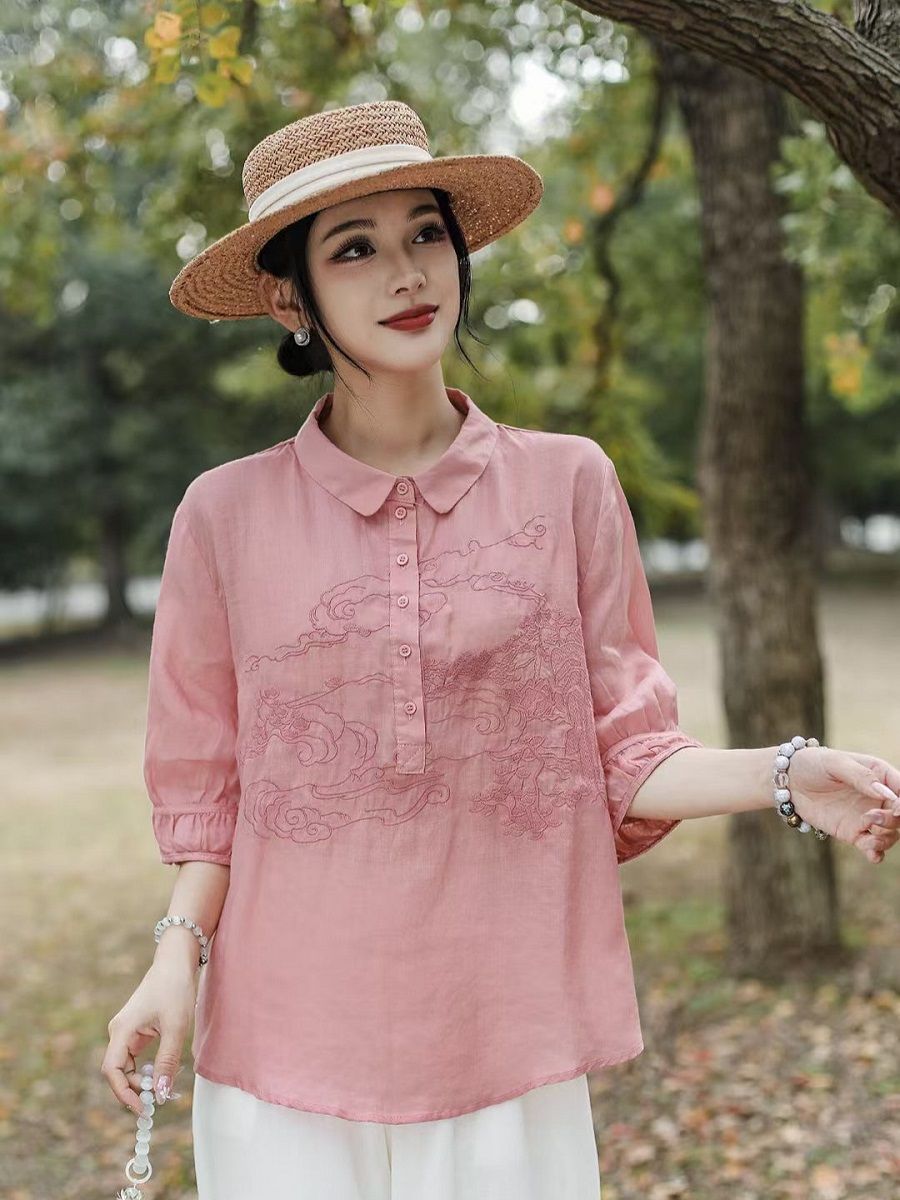  A575-Áo Ramie Tay Phồng Thêu Nghệ Thuật 