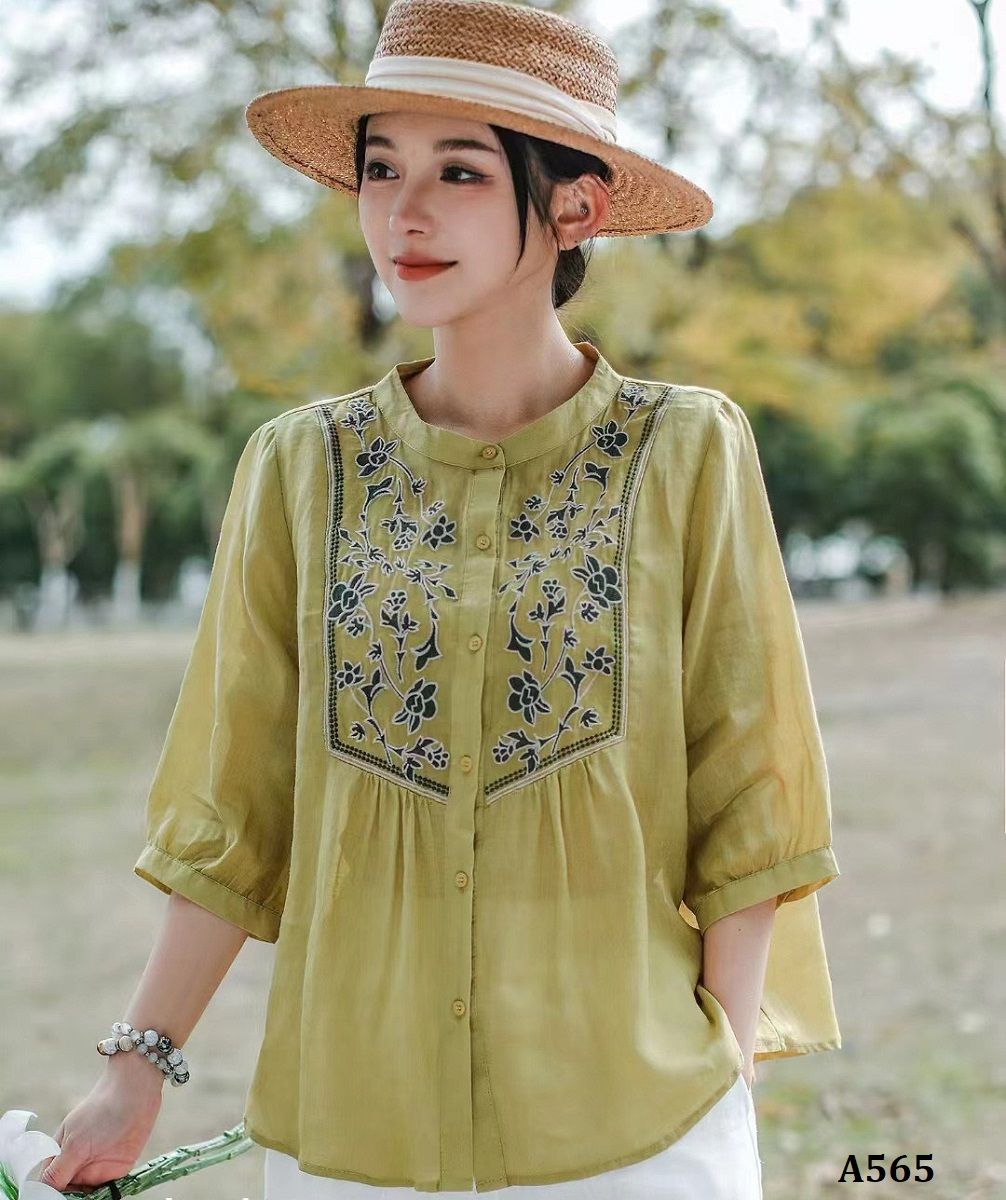  A565-Áo Ramie Thêu Hoa Cổ Đứng Tay Lỡ 