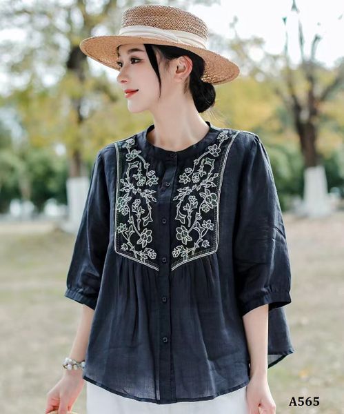 A565-Áo Ramie Thêu Hoa Cổ Đứng Tay Lỡ 