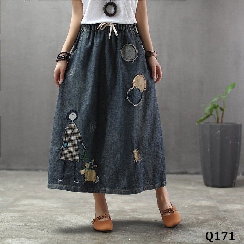  Q171-Chân Váy Jeans Khâu Vá Hoạt Hình 