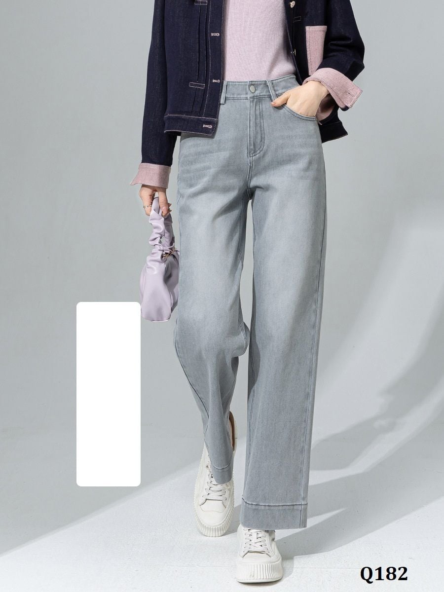  Q182-Quần Jeans Lụa Xám Ống Suông 9 Tấc Co Dãn 