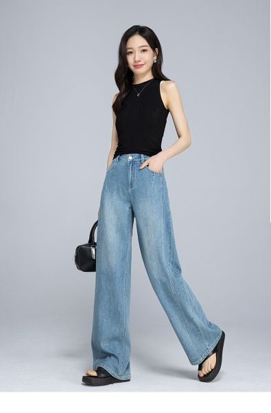  Q235-Quần Jeans Ống Rộng Xếp Nếp Túi 