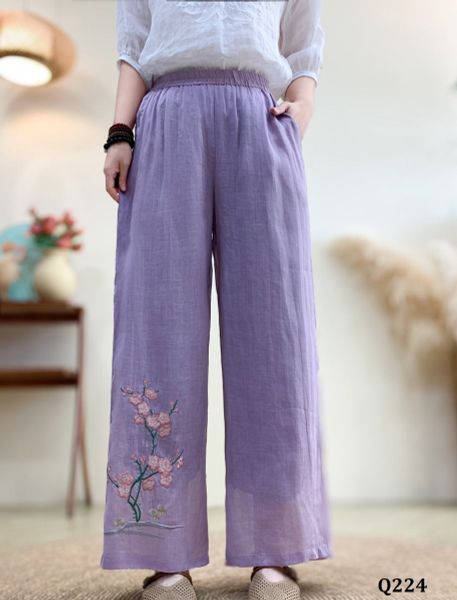  Q224-Quần Ramie Ống Rộng Thêu Cây Hoa 