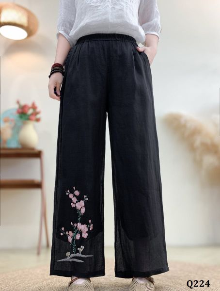  Q224-Quần Ramie Ống Rộng Thêu Cây Hoa 