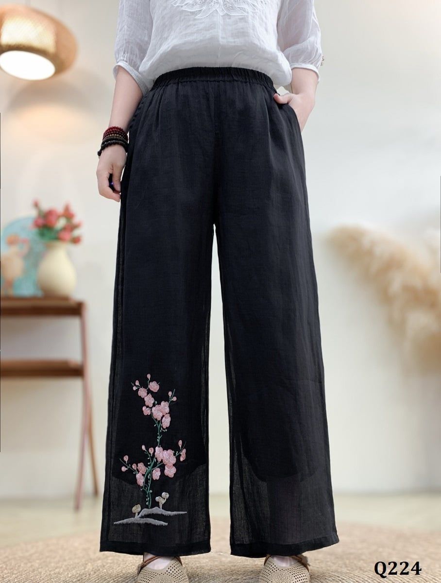  Q224-Quần Ramie Ống Rộng Thêu Cây Hoa 