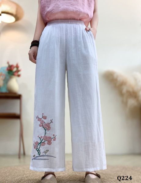  Q224-Quần Ramie Ống Rộng Thêu Cây Hoa 