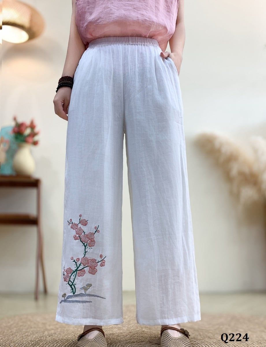  Q224-Quần Ramie Ống Rộng Thêu Cây Hoa 