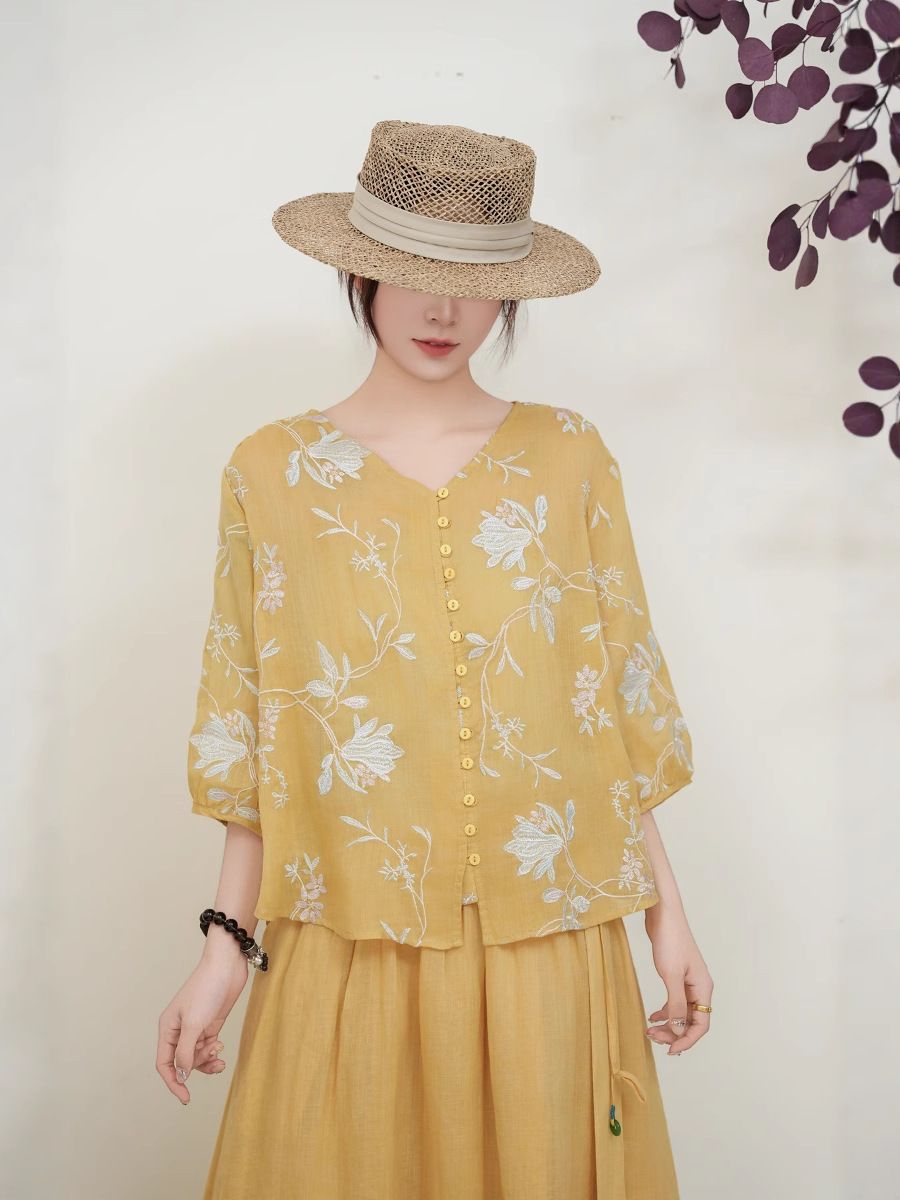  A681-Áo Ramie Thêu Hoa Lá Nhiều Nút Thanh Lịch Cổ Điển 