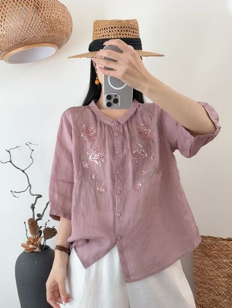  A646-Áo Ramie Thêu Hạt Cườm Nghệ Thuật 