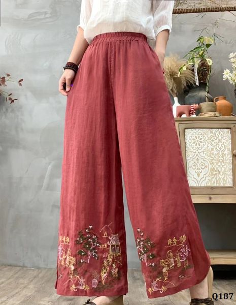  Q187-Quần Ramie Ống Rộng Thêu Phong Cảnh 