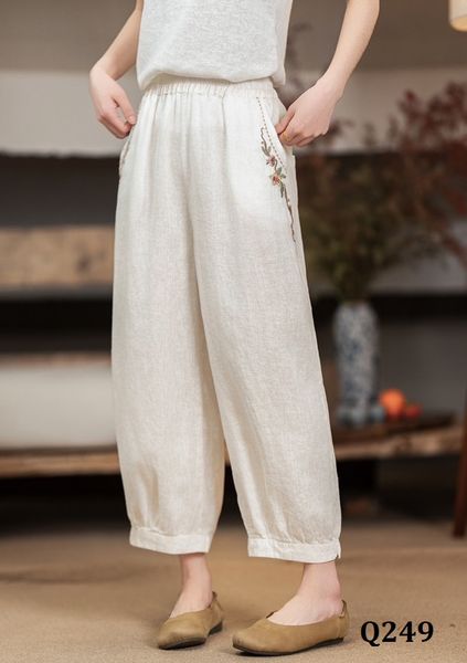  Q249-Quần Linen Ống Rộng Thêu Túi Bo Gấu 