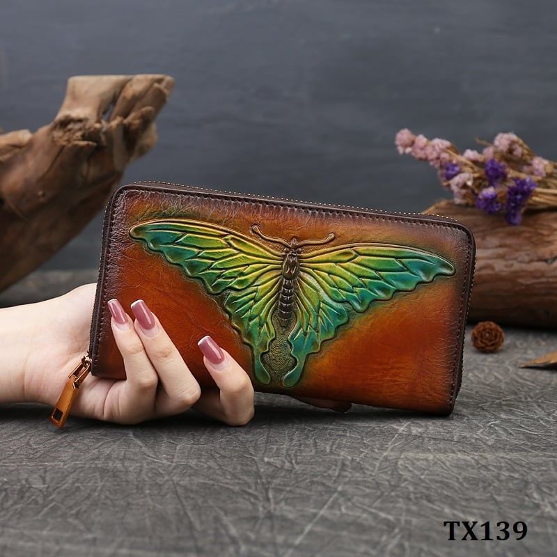  TX139-Ví Cầm Tay Da Thật Khắc Phượng Bướm 