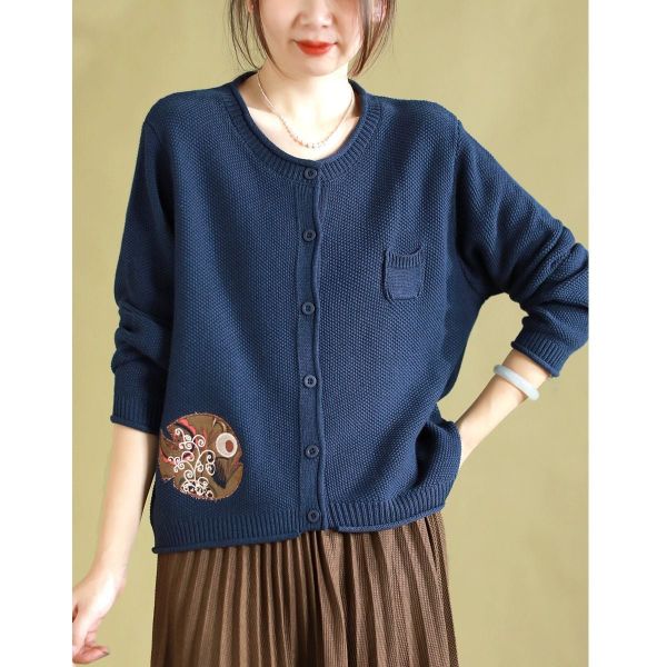  A742-Áo Len Dệt Kim Cardigan Thêu Họa Tiết Nghệ Thuật Mùa Thu 