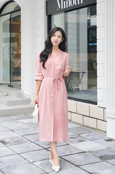  D193- Đầm Sơ Mi Linen Tencel Màu Loang 