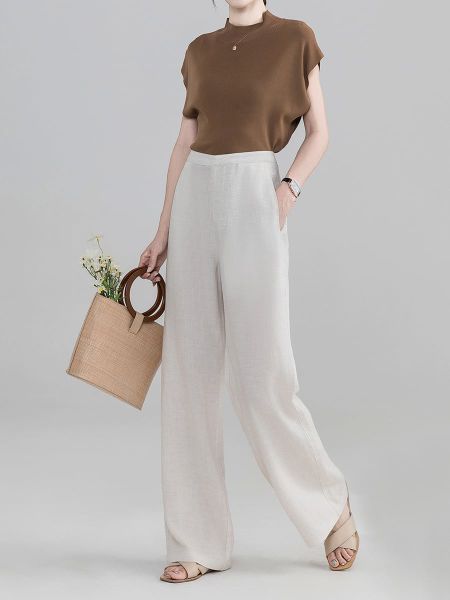  Q323-Quần Linen Lụa Ống Suông Lưng Cao Cạp Cao 