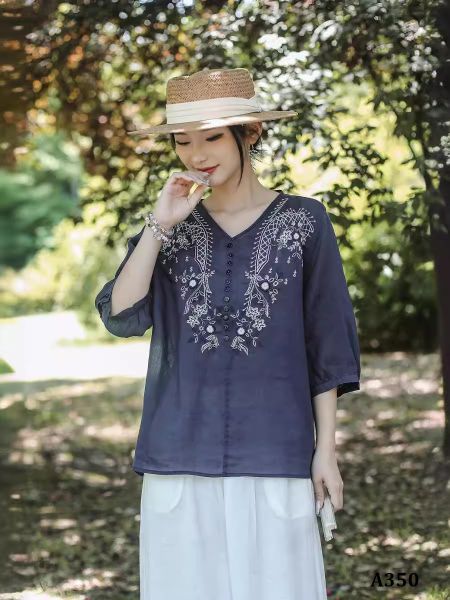  A350-Áo Ramie Thêu Hoa Lá Đối Xứng 