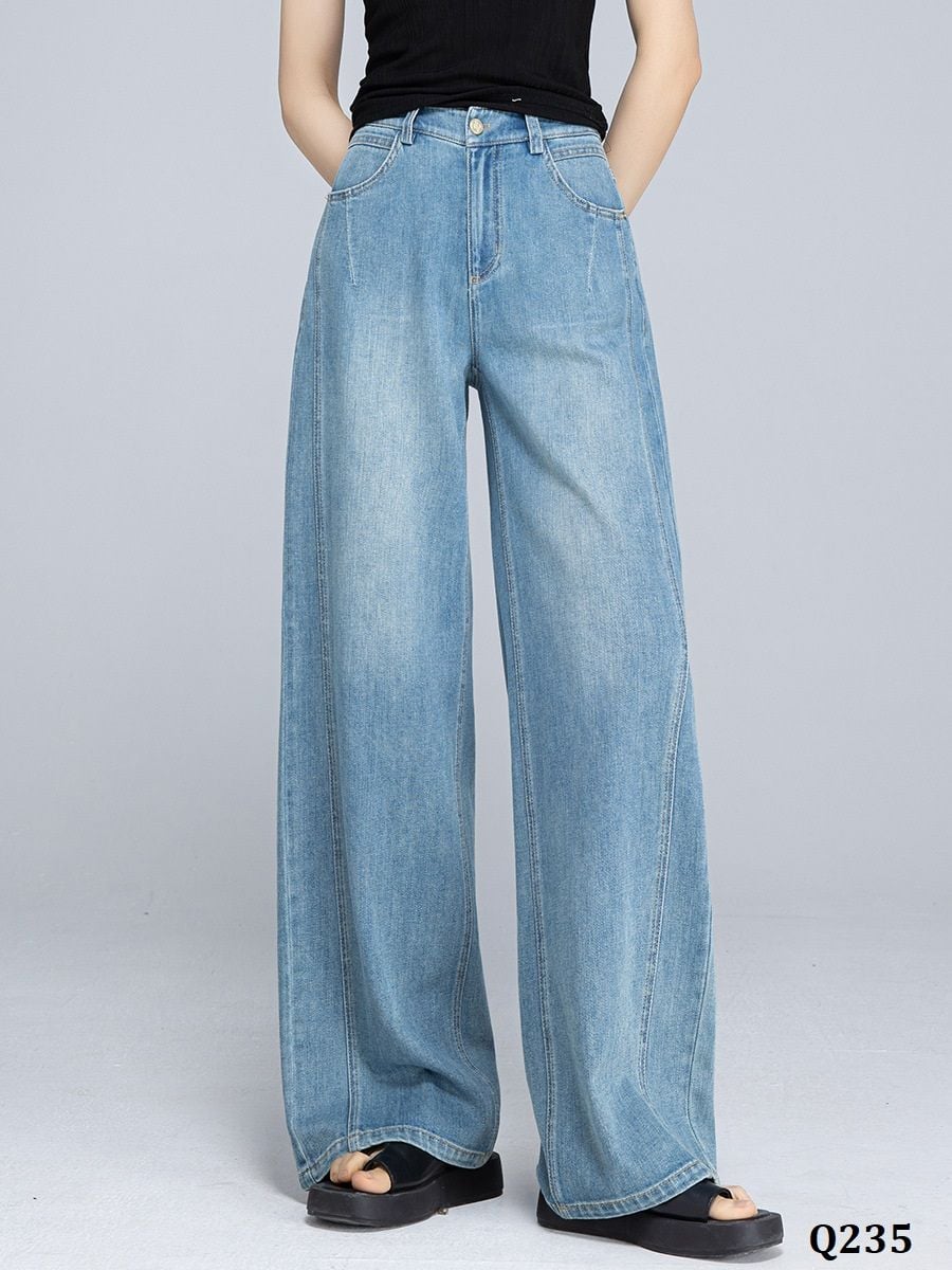  Q235-Quần Jeans Ống Rộng Xếp Nếp Túi 