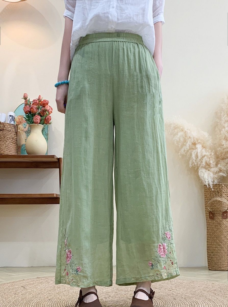  Q223-Quần Ramie Ống Rộng Thêu Hoa 