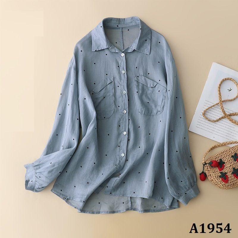  A1954-Áo Sơ Mi Ramie Chấm Bi 2 Túi Cách Điệu 