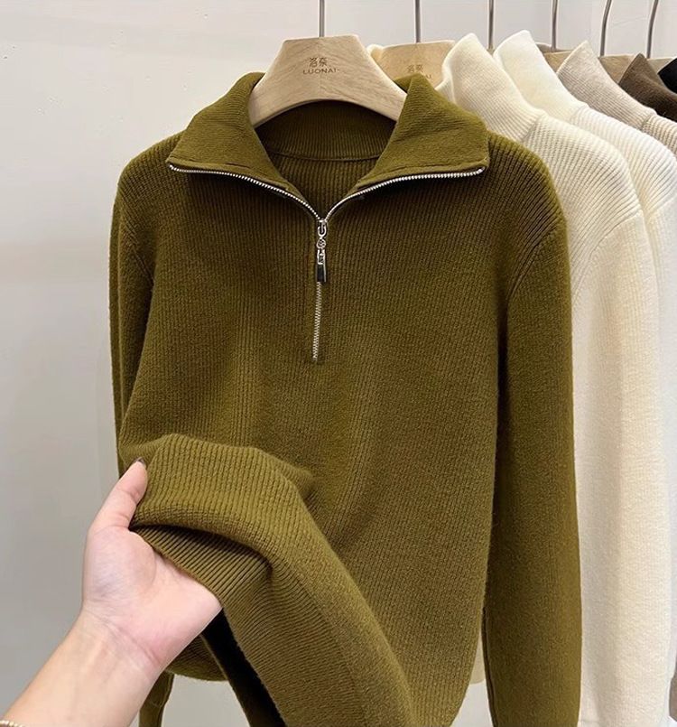  A747-Áo Len Dệt Kim Khóa Kéo Dài Tay Thanh Lịch Mùa Thu 