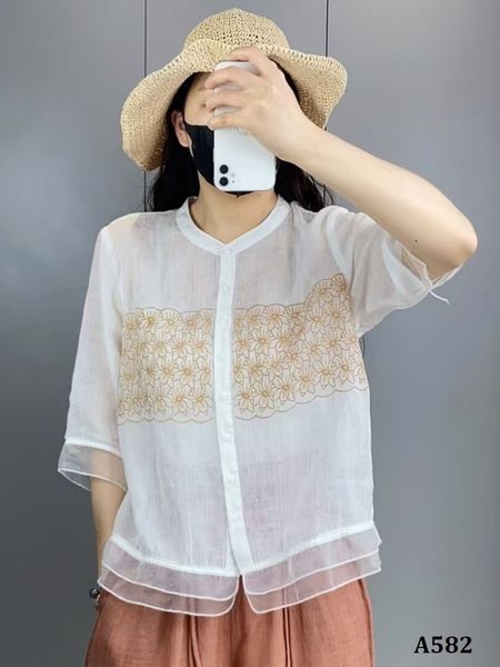  A582-Áo Ramie Thêu Hoa Nghệ Thuật 