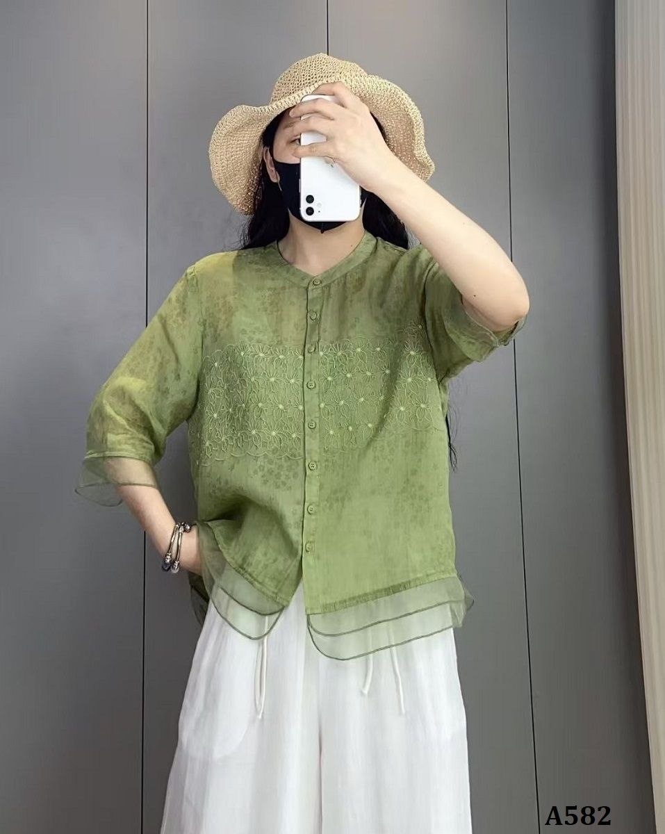  A582-Áo Ramie Thêu Hoa Nghệ Thuật 