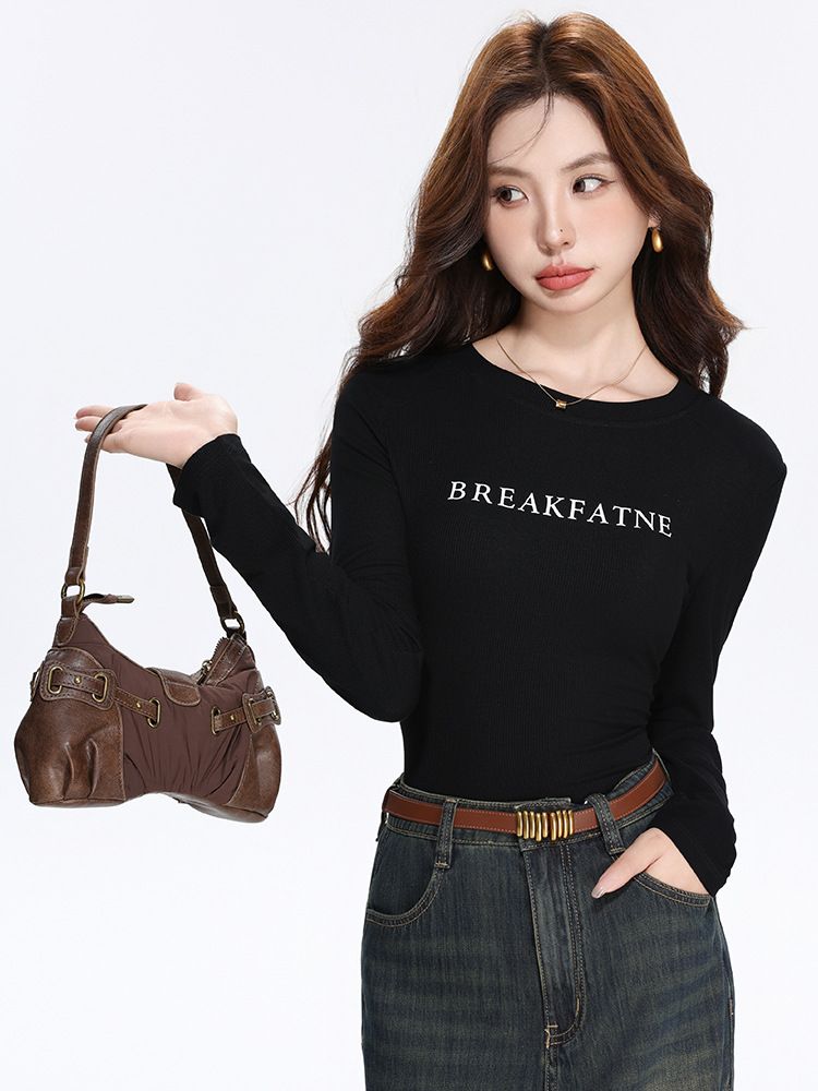  A508-Áo Thun Lụa Dài Tay Vai Kiểu In Chữ 