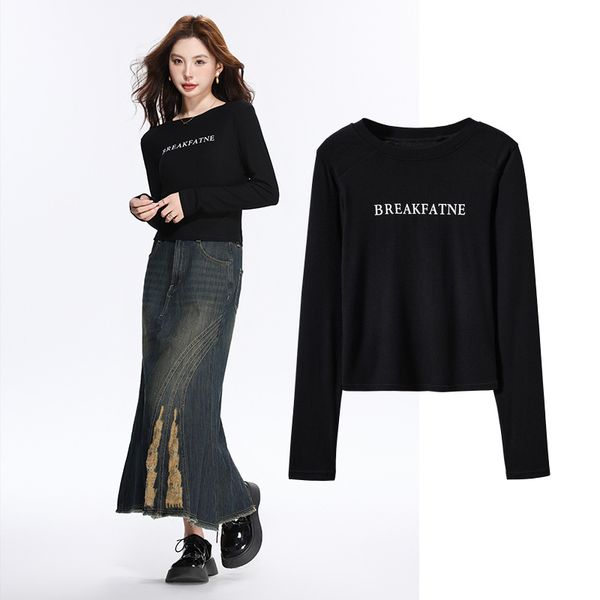  A508-Áo Thun Lụa Dài Tay Vai Kiểu In Chữ 