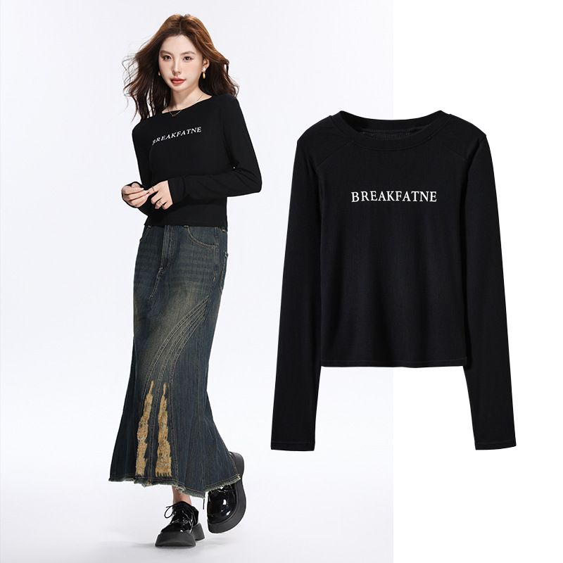  A508-Áo Thun Lụa Dài Tay Vai Kiểu In Chữ 