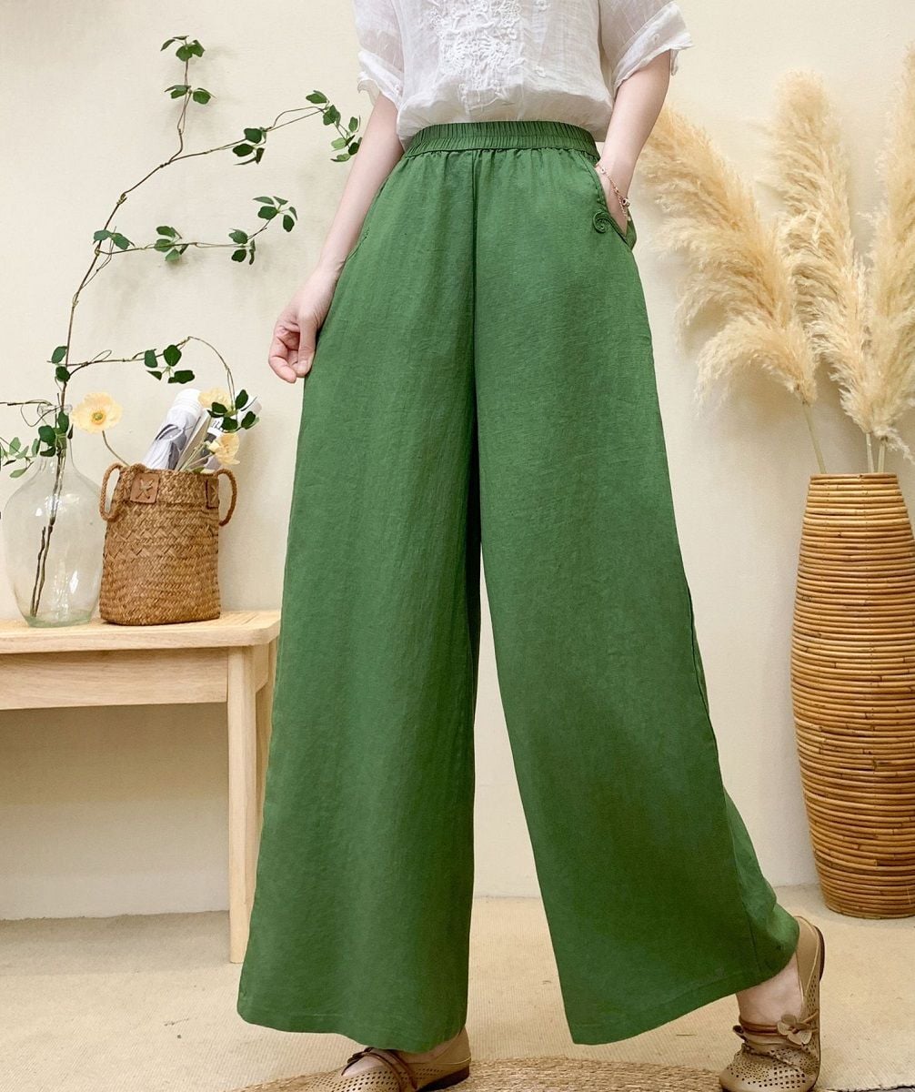  Q180-Quần Linen Ống Rộng Thêu Túi 