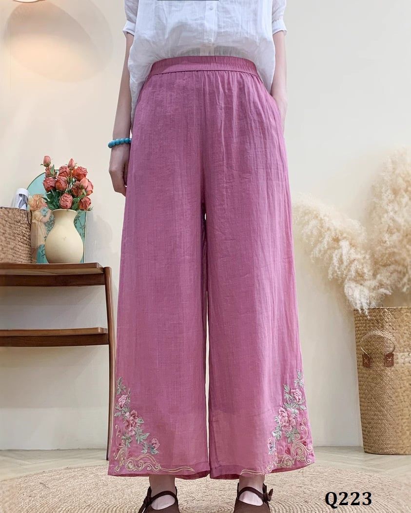  Q223-Quần Ramie Ống Rộng Thêu Hoa 
