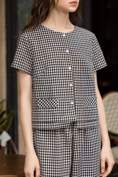  B7-Bộ Sọc Karo Form Lửng Đen Áo A659 + Quần Q277 