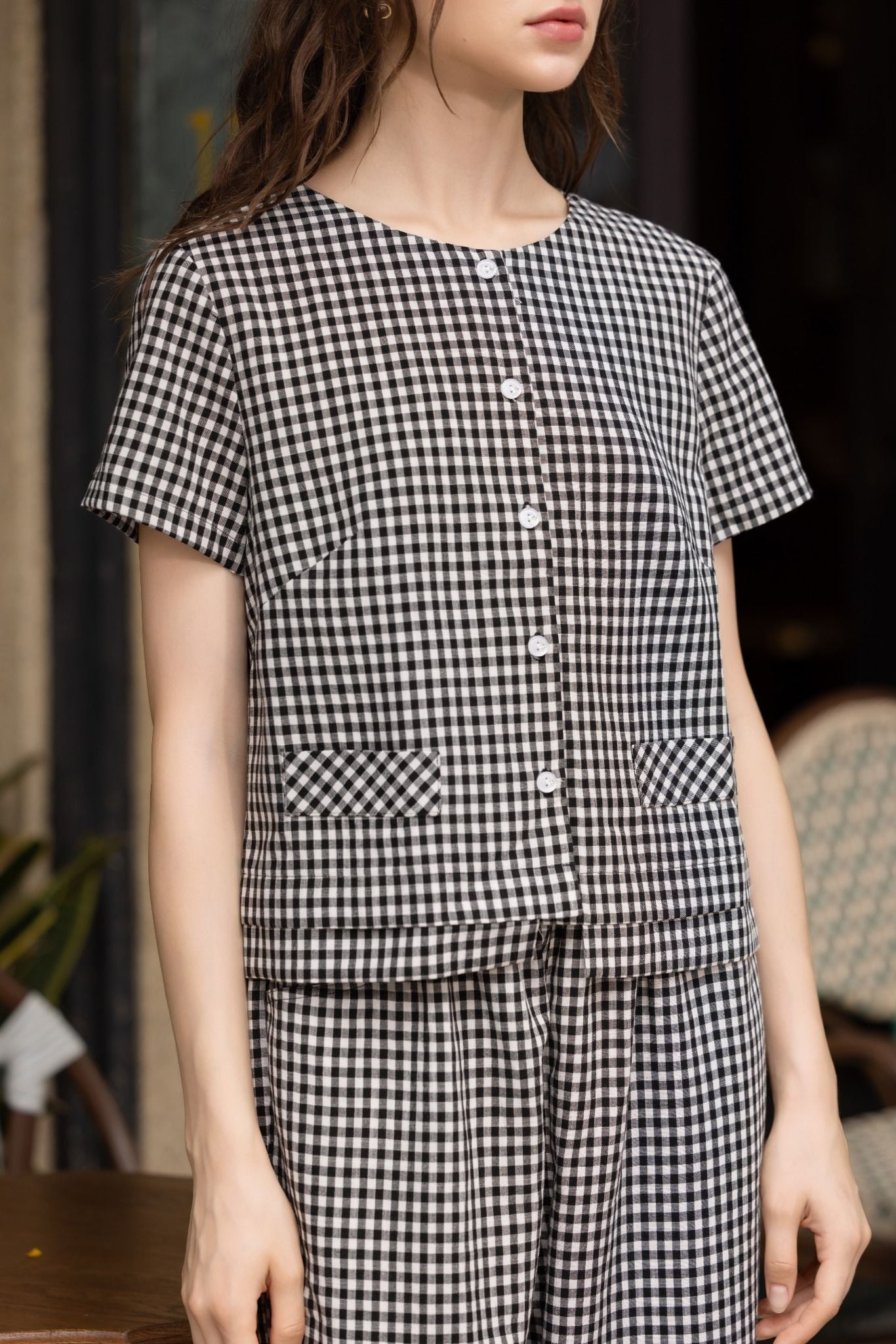  B6-Bộ Sọc Karo Form Lửng Đen Áo A659 + Quần Q277 