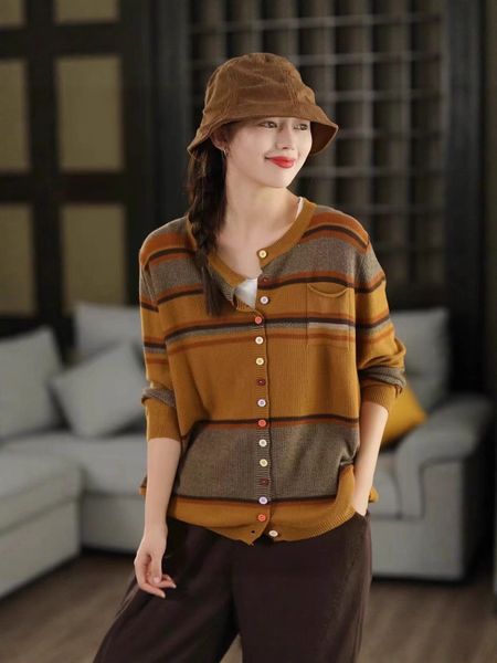  A720-Áo Len Dệt Kim Cardigan Phọc Sọc Mùa Thu 