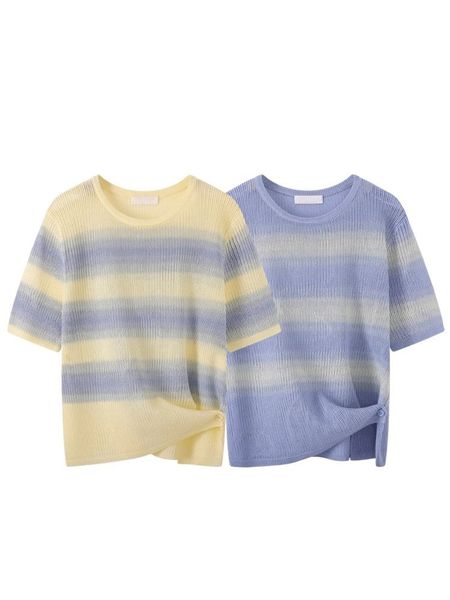  A694-Áo Len Lụa Băng Kẻ Sọc Phối Màu Nút Hông 