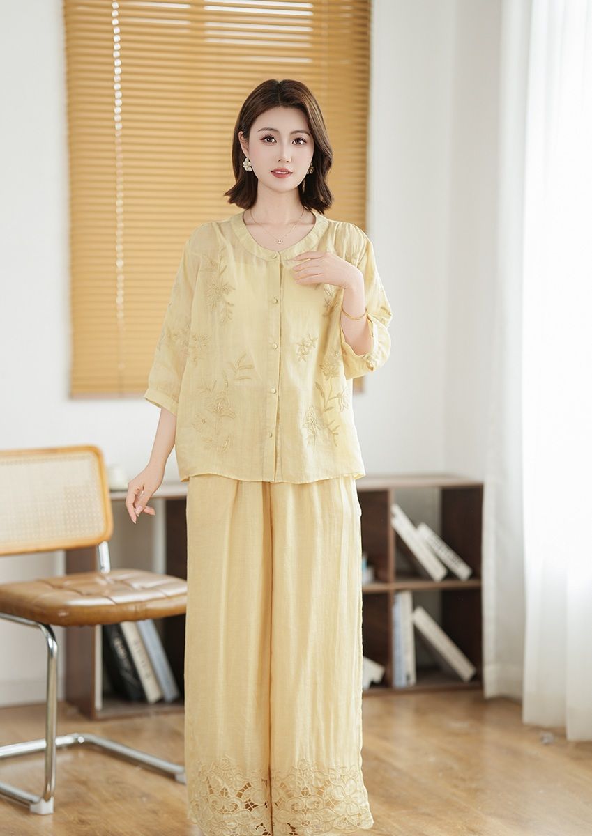  A680-Áo Ramie Thêu Hoa Lá Thanh Lịch Cổ Điển 