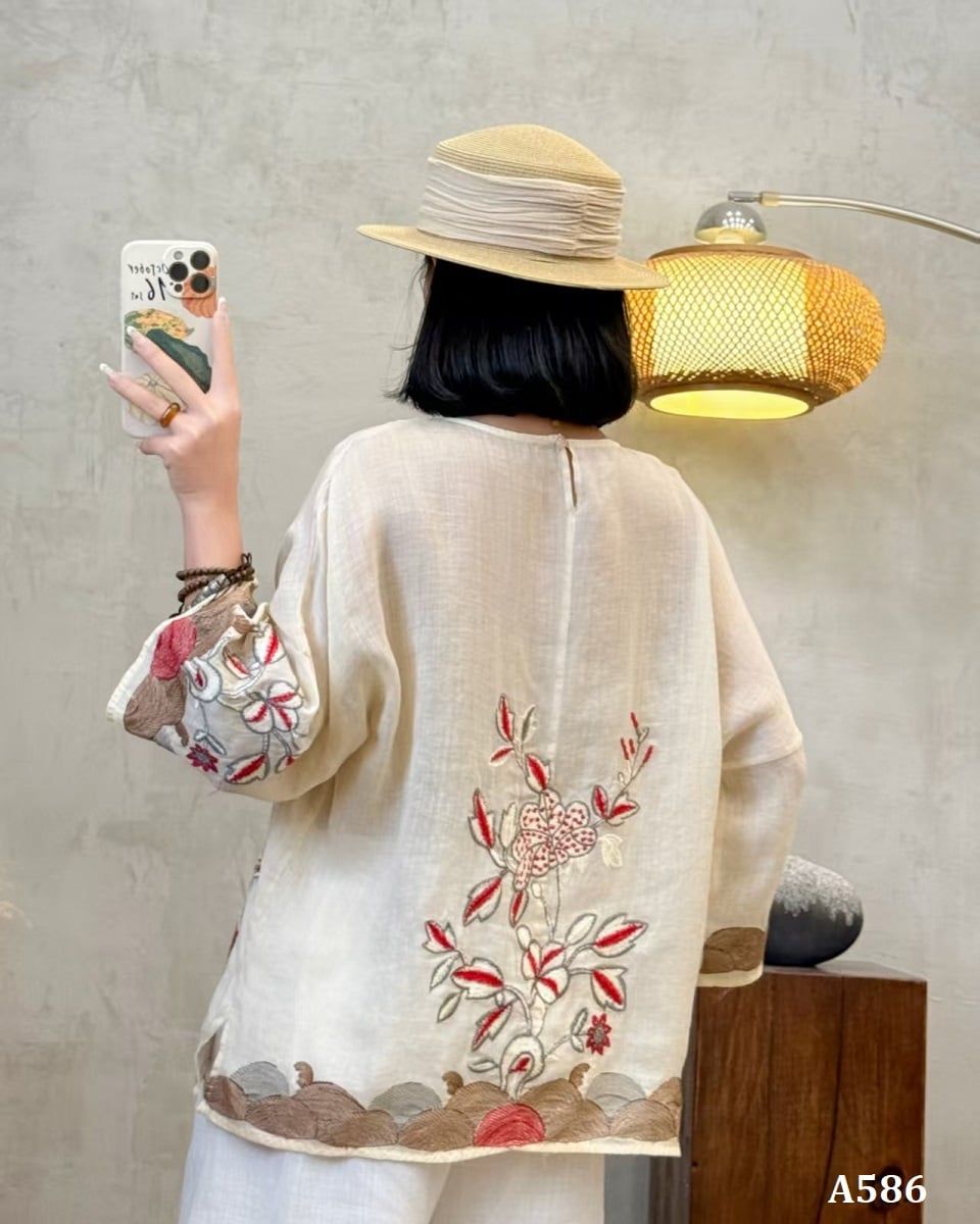  A586-Áo Ramie Thêu Hoa Thêu Tay Áo Nghệ Thuật 