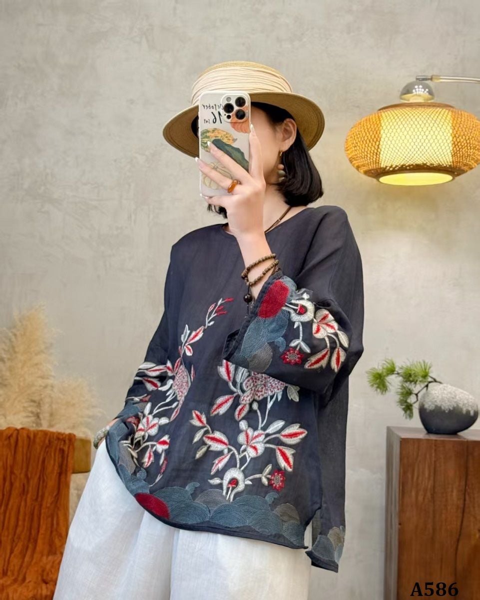  A586-Áo Ramie Thêu Hoa Thêu Tay Áo Nghệ Thuật 